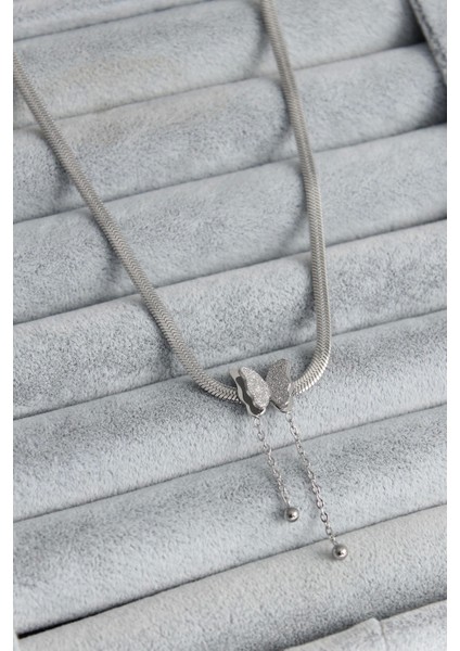 316L Çelik Gümüş Renk Italyan Zincir Model Simli Kelebek Figür Kadın Kolye - TJ-BKO7676