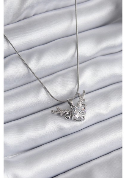 316L Çelik Gümüş Renk Zirkon Taşlı Boynuz Model Kadın Kolye - TJ-BKO8133