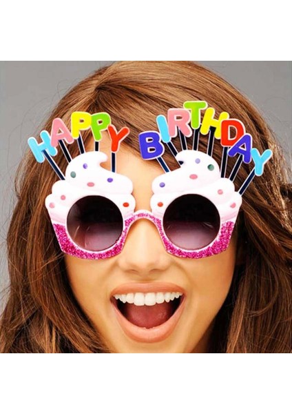 Happy Birthday Yazılı Beyaz Fuşya Renk Parti Gözlüğü 12X7 cm