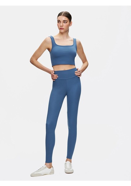 Kadın Askılı Kare Yaka Crop Slım Mavi Atlet
