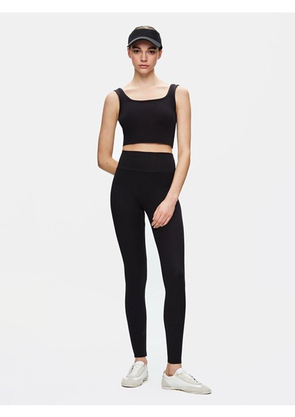Kadın Askılı Kare Yaka Crop Slım Siyah Atlet