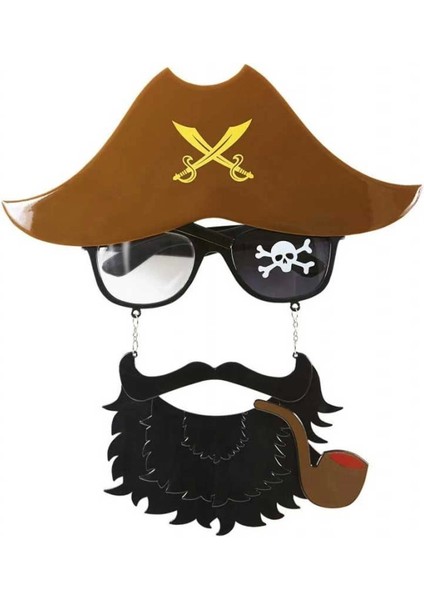 Kahve Renk Şapkalı Siyah Sakallı Pipolu Jack Sparrow Denizci Korsan Gözlüğü 24 x 25 cm