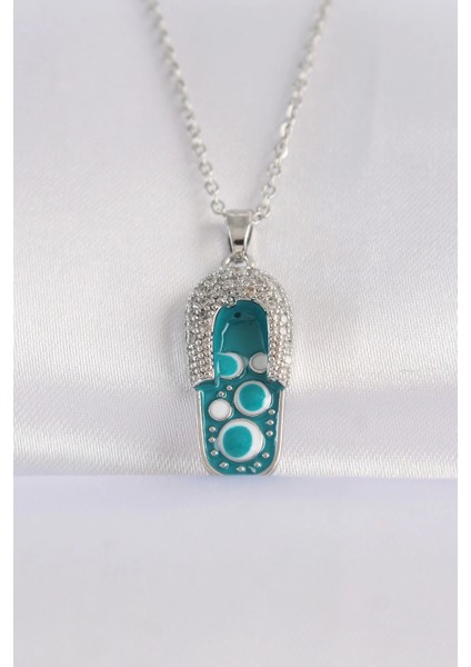 316L Çelik Zincir Zirkon Taşlı Gümüş Renk Nazarlı Terlik Tasarımlı Kolye - TJ-BKO8665