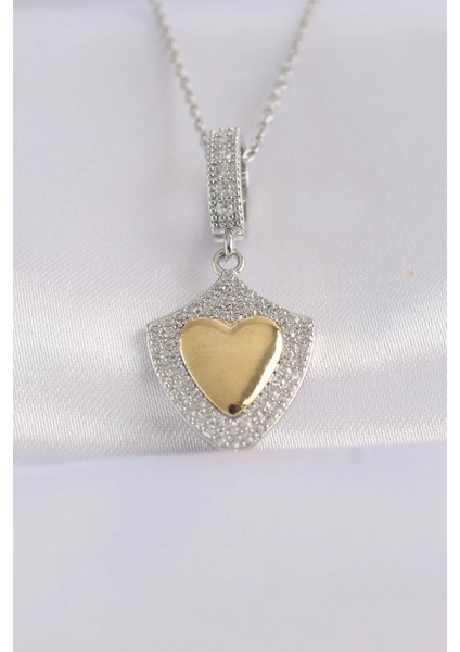 316L Çelik Zincir Gümüş Renk Zirkon Taşlı Tasarım Altın Renk Kalp Kolye - TJ-BKO8661
