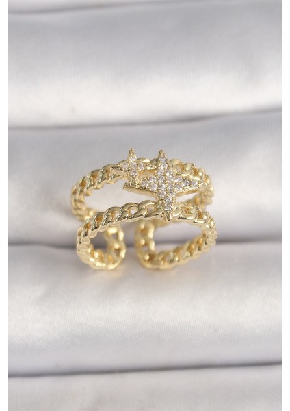 Pirinç Gold Renk 2'li Zincir Zirkon Taşlı Yıldız Figür Kadın Yüzük