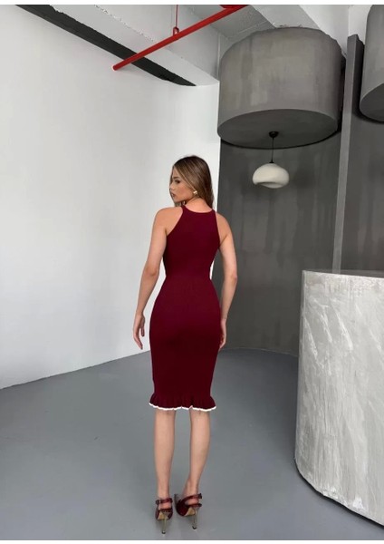 Fırfır Detaylı Triko Elbise- Bordo