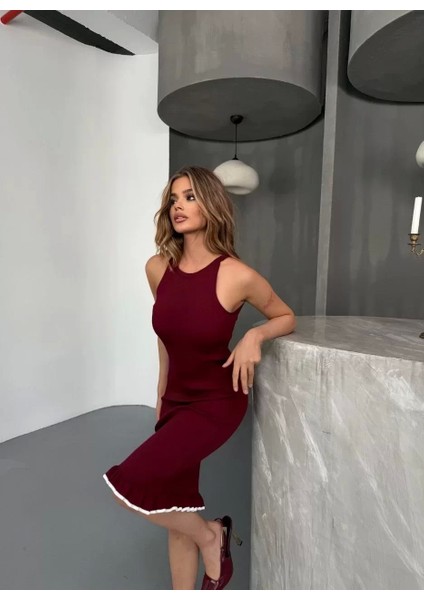 Fırfır Detaylı Triko Elbise- Bordo