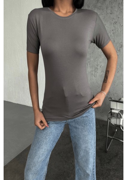 Rahat ve Şık Kısa Kollu Bisiklet Yaka Likralı Viskon Penye Body Füme ( Lisinya ) modelleri