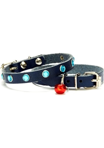 Taşlı Kedi ve Yavru Köpek Tasması 1*23 cm Mavi Medium