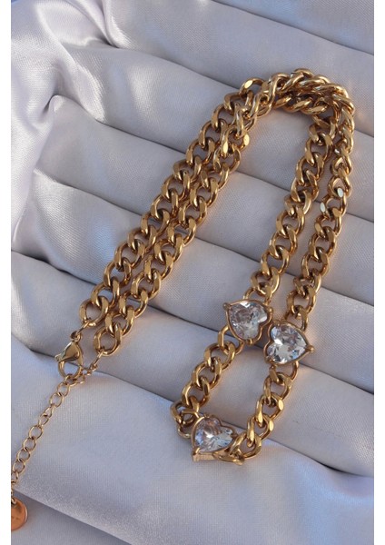 316L Çelik Gold Renk Zirkon Taşlı Kalp Model Zincir Kolye - TJ-BKO8949