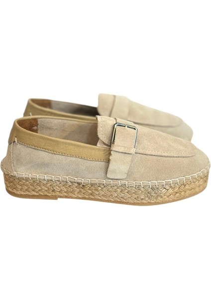 Bej Süet Hasır Taban Tokalı Loafer