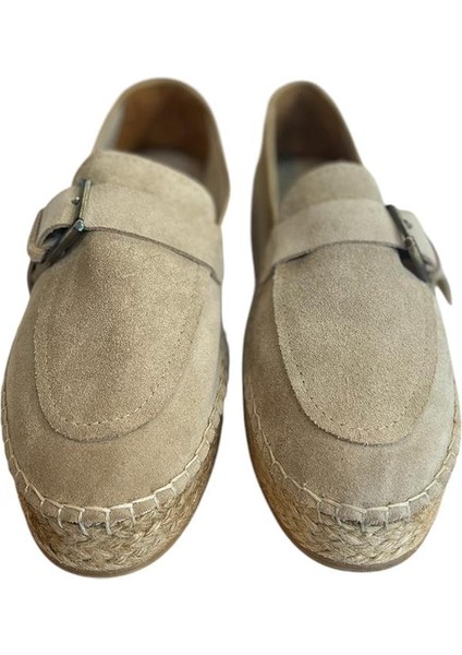 Bej Süet Hasır Taban Tokalı Loafer