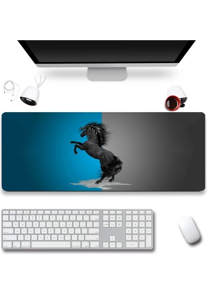 Şahlanan Ahal Teke Mavi Gri Gamer Oyuncu Dikişsiz Sıvı Geçirmez Klavye Mouse Pad 32X70CM