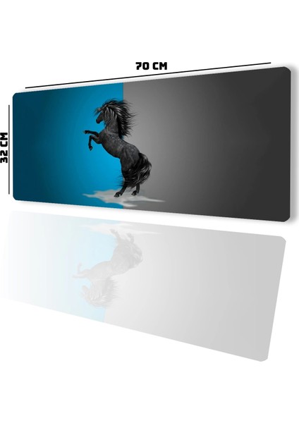 Şahlanan Ahal Teke Mavi Gri Gamer Oyuncu Dikişsiz Sıvı Geçirmez Klavye Mouse Pad 32X70CM