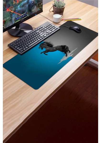 Şahlanan Ahal Teke Mavi Gri Gamer Oyuncu Dikişsiz Sıvı Geçirmez Klavye Mouse Pad 32X70CM