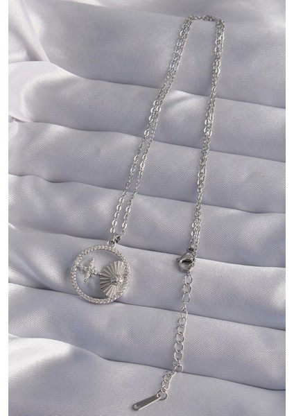 316L Çelik Zincir Gümüş Renk Zirkon Taşlı Yıldız Figürlü Oval Kolye - TJ-BKO9024 fiyatları