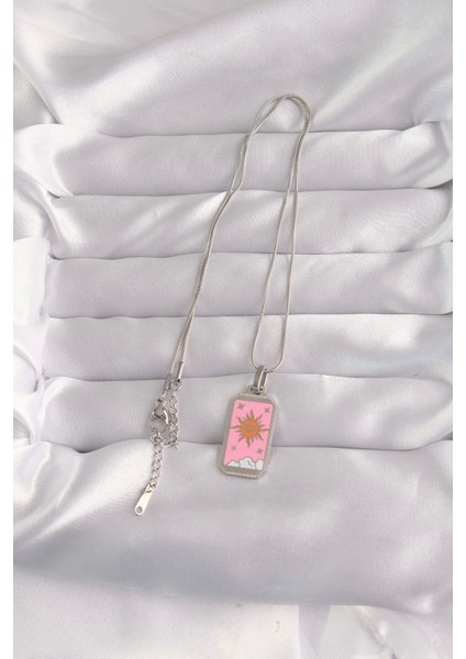 316L Çelik Gümüş Renk Pembe Mineli Güneş Model Tarot Kolye - TJ-BKO9043