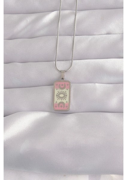 316L Çelik Gümüş Renk Pembe Mineli Ay Figür Tarot Kolye - TJ-BKO9045