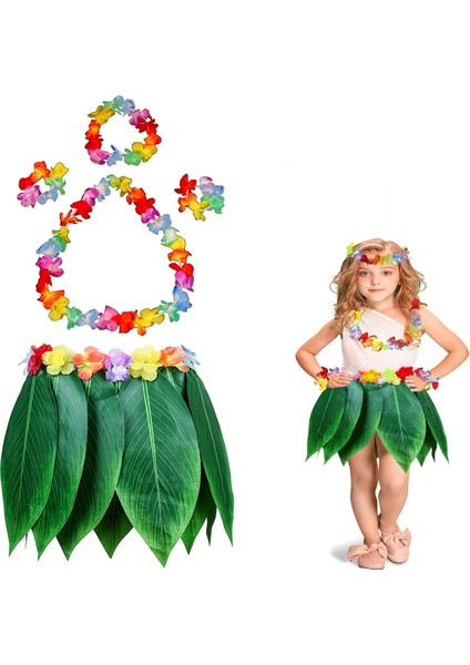 Çocuk Hawaii Kostüm Seti - Yaprak Etek & Hawaii Set - 5 Parça