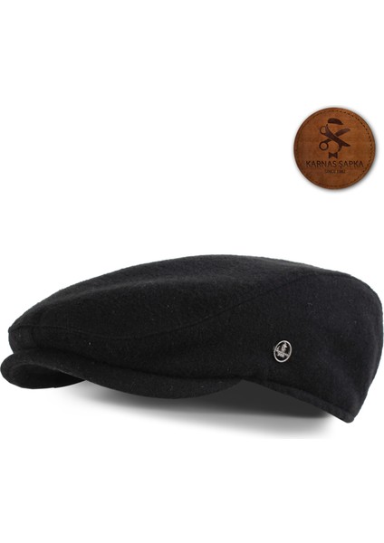 Siyah Yünlü Kaşe Kışlık Kumaş Tommy Shelby Kasket Şapka (Terletmez Saten Kapitone Dikişli Astar)