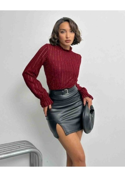 Bordo Simli Sakallı Astarlı Bluz