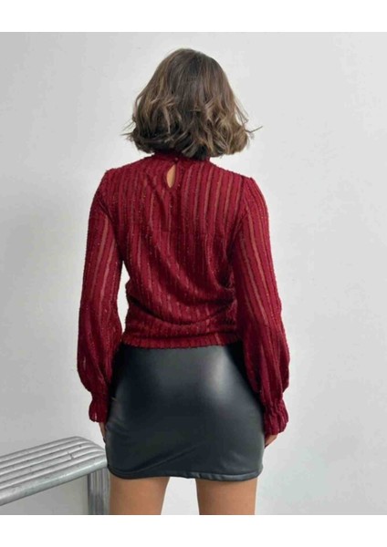 Bordo Simli Sakallı Astarlı Bluz