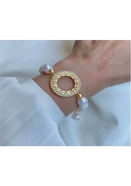 Zirkon Taşlı Çeyrek Uyumlu Doğal Inci Bileklik