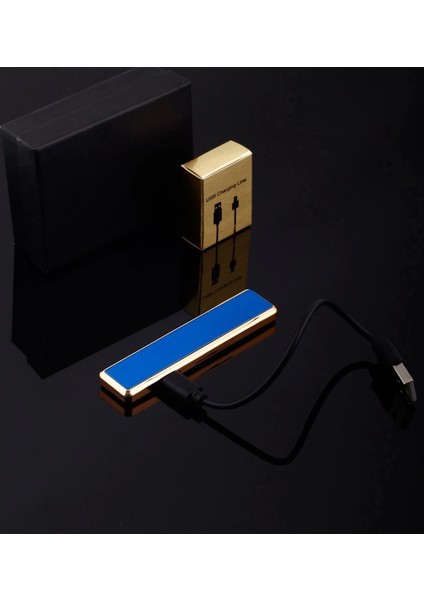 Şık Görünümlü USB Şarjlı Rezistanslı İnce Slim Metal Çakmak (Mavi)