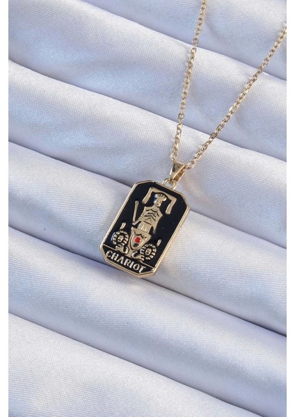 316L Çelik Zincir Altın Renk Siyah Mineli Tarot Kolye - TJ-BKO9247
