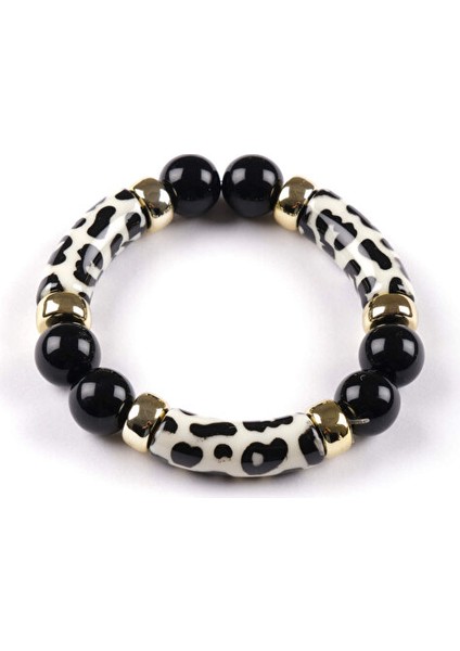 Leopar ve Boncuk Kemik Detaylı Lastikli Bileklik S25BLK016