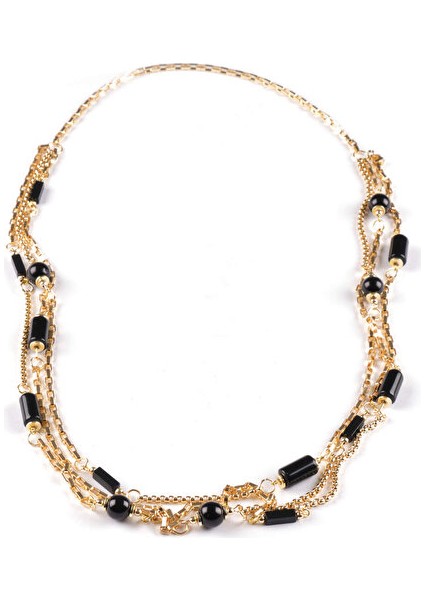 Gold Zincirli Siyah Taşlı Kolye S25KLY001