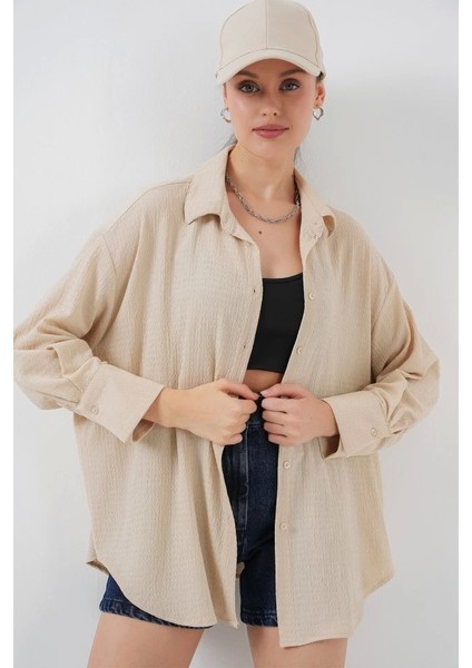 Örme Oversize Gömlek 20264 - Bej