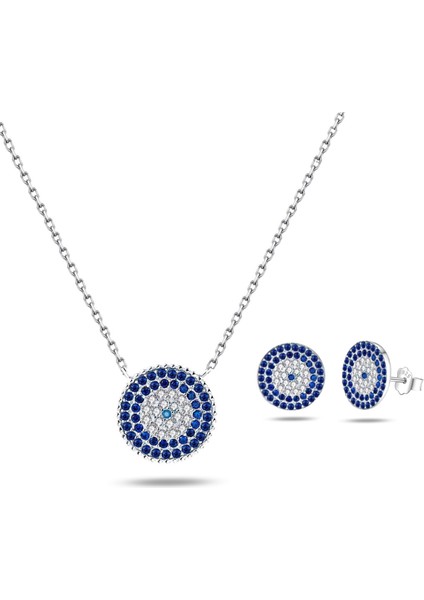 Zarif Model 5 Sıra Nazar Boncuk Kadın Gümüş Kolye Küpe Seti