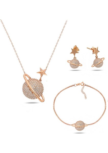 Rose Gold Gümüş Gezegen Bayan Kolye Küpe Bileklik Seti