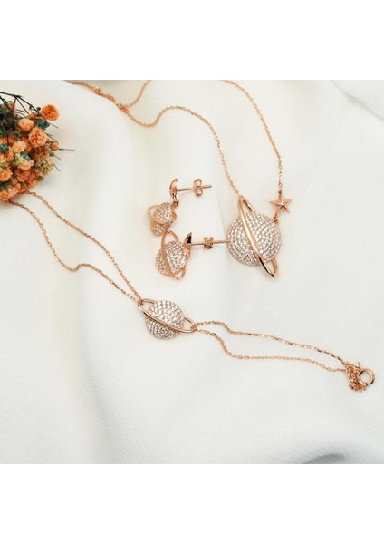 Rose Gold Gümüş Gezegen Bayan Kolye Küpe Bileklik Seti fiyatları