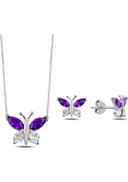 Ametist Zirkon Taşlı Kelebek Kadın Gümüş Kolye Küpe Seti