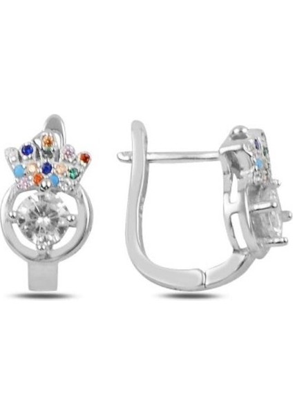 925 Ayar Gümüş Renkli Taşlı Tektaş Kraliçe Tacı J Çocuk Küpe