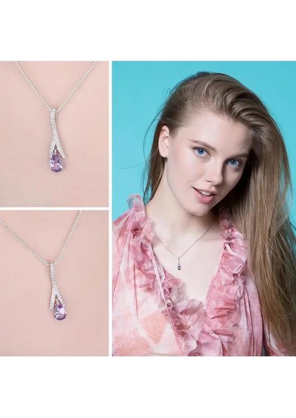 Ametist Taşı Işıltılı Diamond Damla Kadın Gümüş Kolye fırsatları