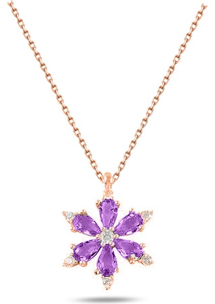 925 Ayar Lotus Çiçeği Ametist Taşlı Rose Gold Kadın Gümüş Kolye