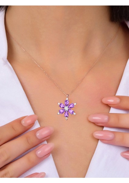 925 Ayar Lotus Çiçeği Ametist Taşlı Rose Gold Kadın Gümüş Kolye