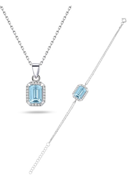 925 Ayar Gümüş Aquamarin Taşlı Baget Kadın Kolye Bileklik Set