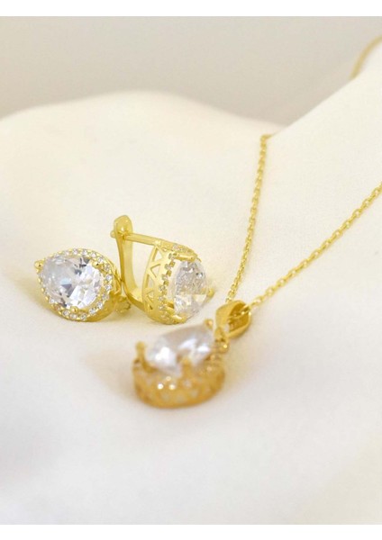 Damla Model Zirkon Taşlı Gümüş Kolye Küpe Seti Altın Kaplama fiyatları