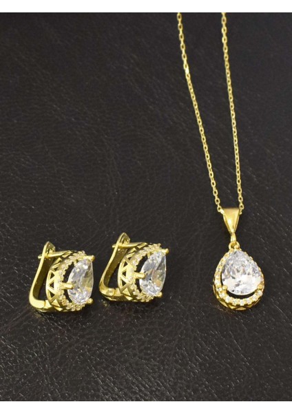 Damla Model Zirkon Taşlı Gümüş Kolye Küpe Seti Altın Kaplama modelleri