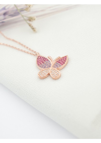 Gümüş Rose Renk Nano Taşlı Bayan Kelebek Gümüş Kolye modelleri