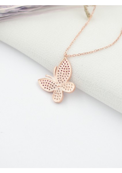 Gümüş Rose Renk Nano Taşlı Bayan Kelebek Gümüş Kolye fırsatları