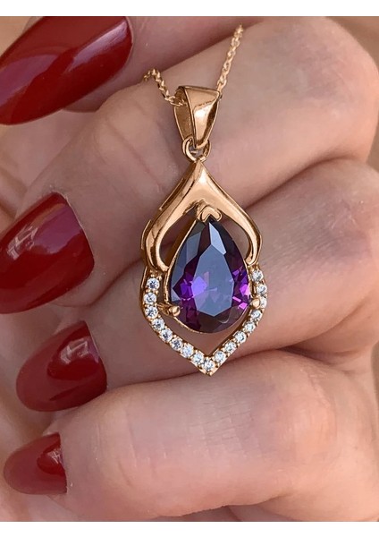 Rose Gold Ametist Taşlı Su Damlası Bayan Gümüş Kolye fiyatları
