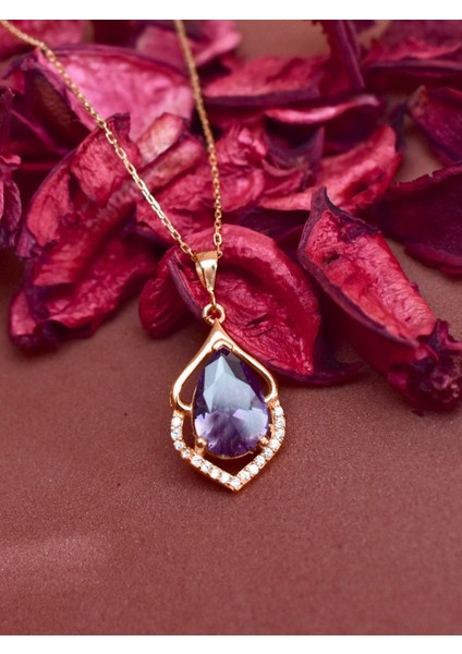 Rose Gold Ametist Taşlı Su Damlası Bayan Gümüş Kolye modelleri