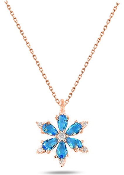 925 Ayar Lotus Çiçeği Aquamarin Taşlı Rose Gold Kadın Gümüş Kolye