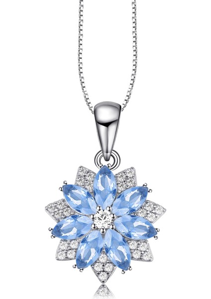 Aquamarin Taşlı Pırlanta Model Lotus Çiçeği Kadın Gümüş Kolye
