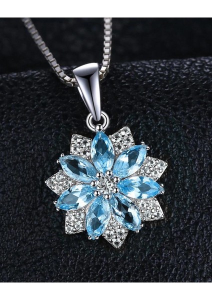 Aquamarin Taşlı Pırlanta Model Lotus Çiçeği Kadın Gümüş Kolye fiyatları